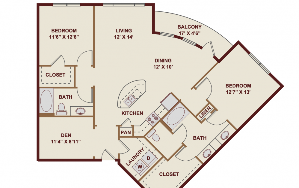 B7R - 2 bedroom floorplan layout with 2 baths and 1412 square feet.
